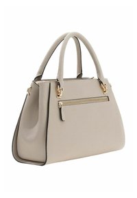 Sac à main structuré beige avec surface texturée, double poignée supérieure et quincaillerie dorée. Comprend une poche avant zippée pour un rangement supplémentaire.