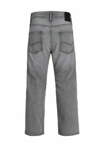 Gray denim jeans with a straight-leg design, featuring two back pockets and subtle stitching details. The fabric has a worn texture.