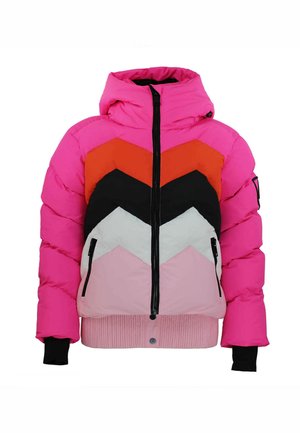 Vadderad jacka med en färgblockerande design i rosa, röd, svart, vit och ljusrosa. Avslutad med elastiska ärmslut och dragkedjestängning.