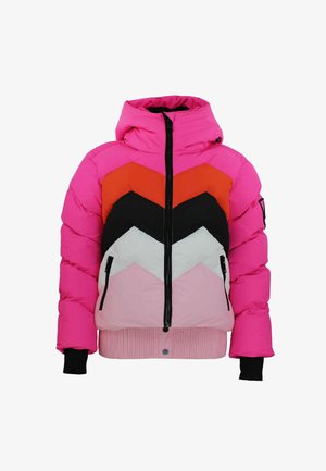 Gevoerde jas met een kleurblokontwerp in roze, rood, zwart, wit en lichtroze. Afgewerkt met elastische manchetten en een ritssluiting.