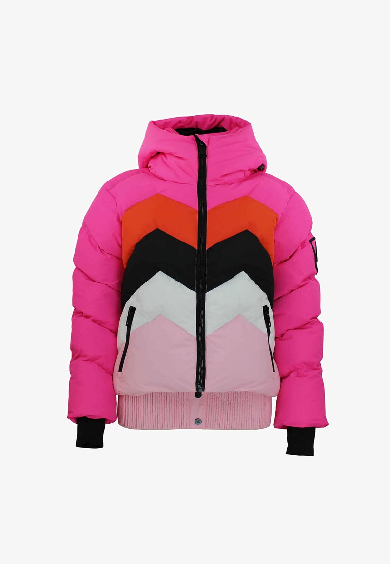 Giacca imbottita con un design a blocchi di colore nei toni di rosa, rosso, nero, bianco e rosa chiaro. Completata con polsini elasticizzati e chiusura con zip.