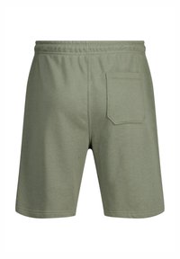 Cotton shorts in olive green, featuring an elastic waistband, back pocket, and smooth texture. Simple design without embellishments.