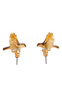 Pendientes de bolsillo en forma de ave en tono dorado, con intrincados detalles de plumas y un stem plateado. Diseño elegante, que resalta las características aviares.