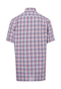 Kurzarmhemd mit einem mehrfarbigen Karo-Muster in Blau, Rot und Beige, ausgestattet mit einem klassischen Kragen und einer Rückenpasse.