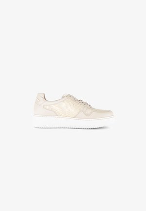 Beige low-top sneaker with textured side panels, lace-up closure, and thick white rubber sole on a white background.