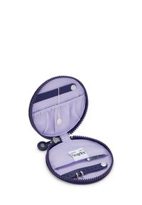 Round, zippered jewelry case in deep purple with a soft lavender interior. Features compartments for necklaces and bracelets, and a snap closure.
