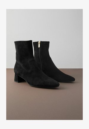 Stivaletti alla caviglia in camoscio nero con punta affilata, tacco basso a blocco e dettaglio con cerniera laterale. Texture liscia e design minimalista.