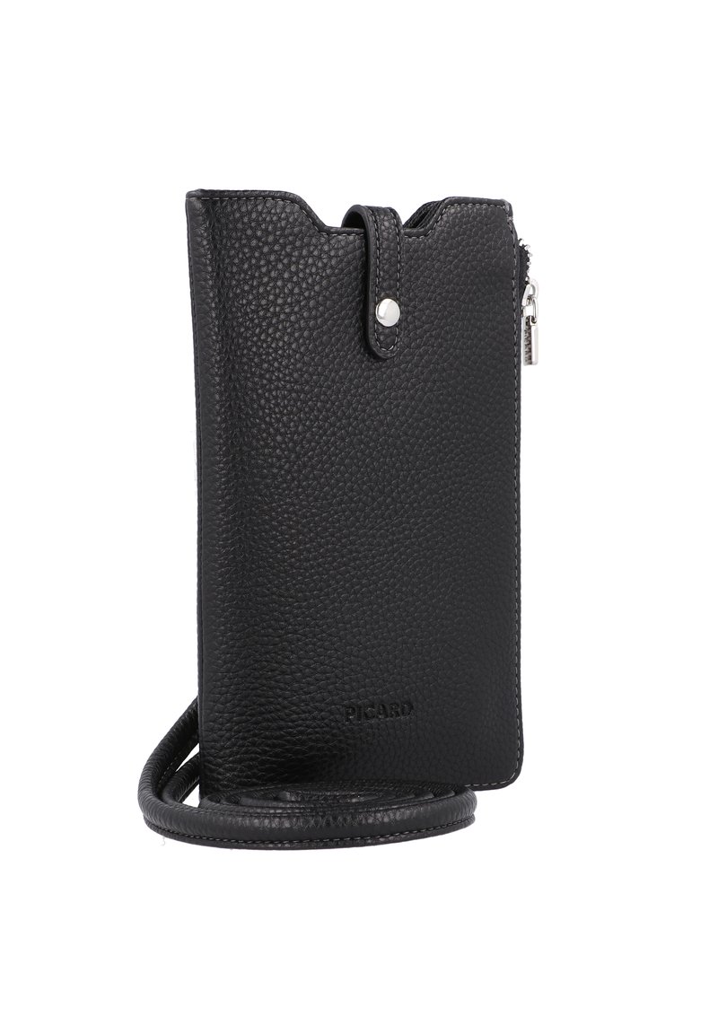 Pochette en cuir noir à porter en bandoulière avec une finition texturée. Dotée d'une fermeture à pression, d'une poche zippée sur le côté et d'une sangle amovible. Nom de la marque visible.