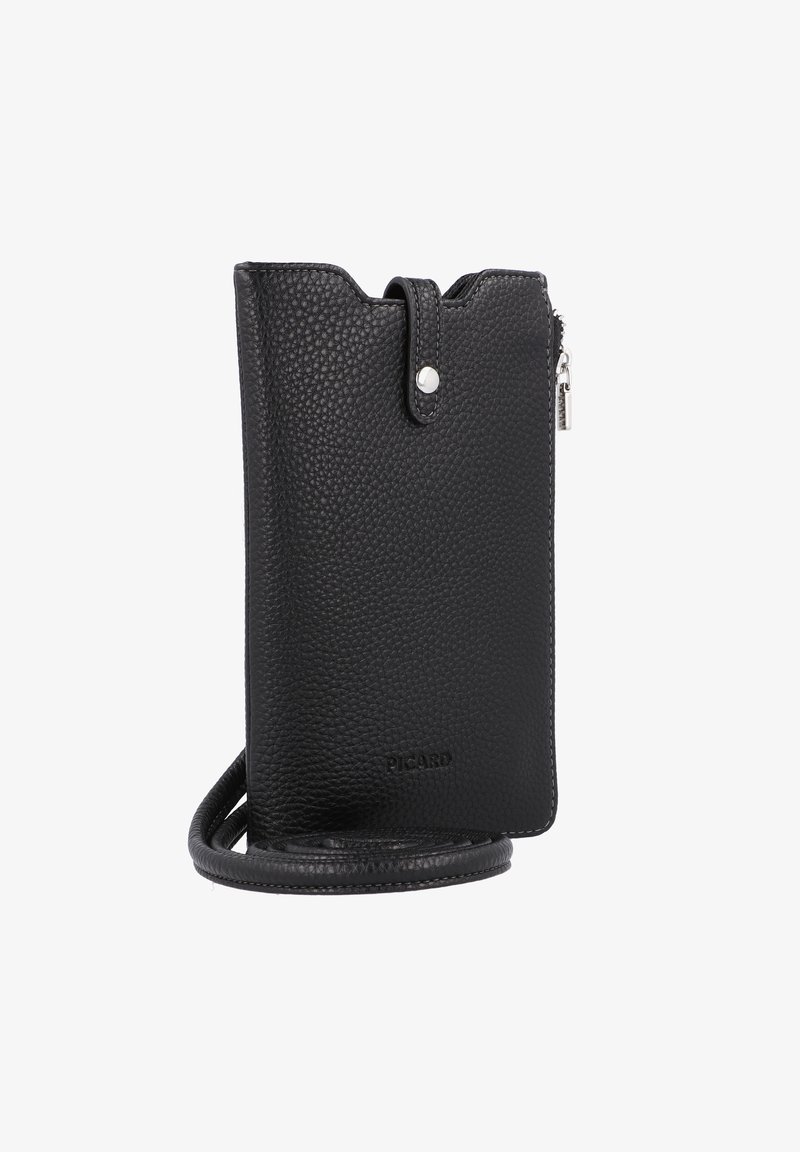 Pochette en cuir noir à porter en bandoulière avec une finition texturée. Dotée d'une fermeture à pression, d'une poche zippée sur le côté et d'une sangle amovible. Nom de la marque visible.