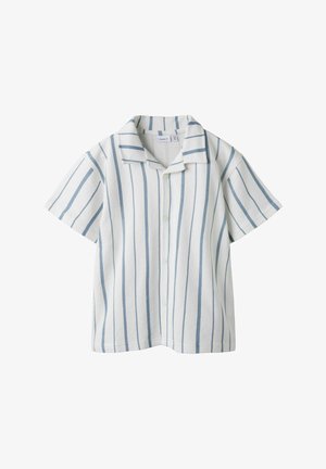 Košile s krátkým rukávem a knoflíky s vertikálními modro-bílými pruhy. Design s límečkem, volný střih a jemná, texturovaná tkanina.