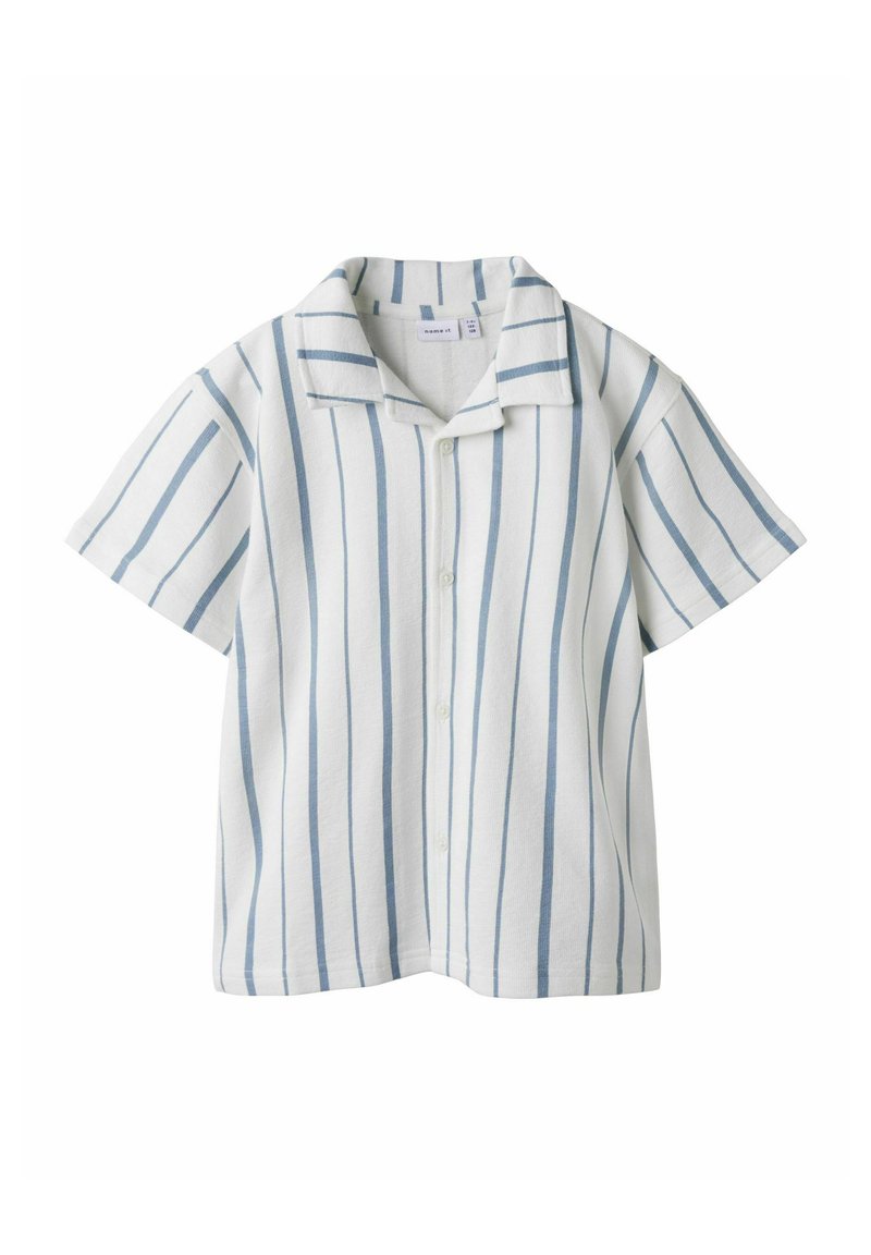 Camicia a maniche corte con bottoni, caratterizzata da strisce verticali blu e bianche. Design con colletto, vestibilità rilassata e tessuto morbido e testurizzato.