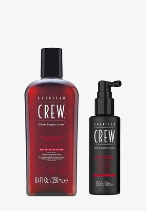 Zwei American Crew Haarpflegeprodukte nebeneinander: Anti-Haarausfall-Shampoo in einer 250-ml-Flasche und Leave-in-Behandlung in einer 100-ml-Pumpflasche.