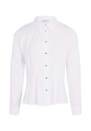 Camisa blanca de botones con mangas largas, cuerpo ajustado, espalda plisada y pequeños botones plateados a lo largo del tapete. Tejido de algodón suave.