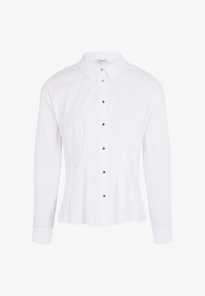 Camisa blanca de botones con mangas largas, cuerpo ajustado, espalda plisada y pequeños botones plateados a lo largo del tapete. Tejido de algodón suave.