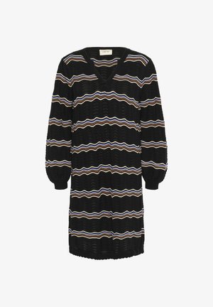 Črna pletena obleka s horizontalnimi kremnimi, rjavimi in modrimi valovitimi črtami, dolgimi napihnjenimi rokavi in ovratnikom v obliki črke V.