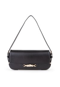 Borsa a spalla rettangolare nera con una tracolla sottile e un dettaglio in metallo dorato intrecciato sul flap anteriore.