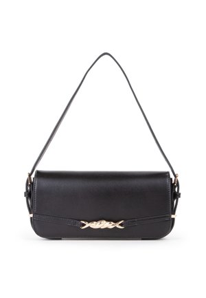 Borsa a spalla rettangolare nera con una tracolla sottile e un dettaglio in metallo dorato intrecciato sul flap anteriore.