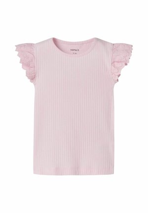 Hele roosa soonikkoega lühikeste varrukatega väikelapse särk pitsiliste volang-varrukatega ja ümmarguse kaelusega, suurus EL 92, pehme kangas.