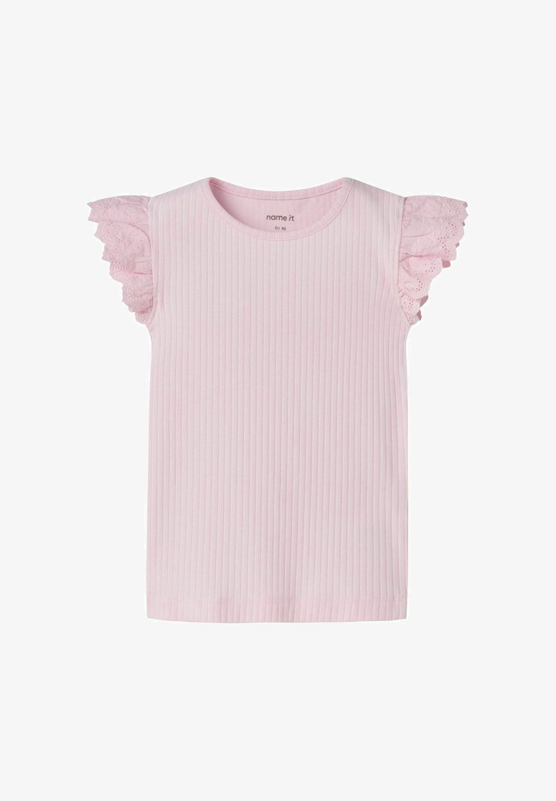 T-shirt à manches courtes côtelé rose clair pour tout-petit avec manches volantées en dentelle et col rond, taille EU 92, tissu doux.