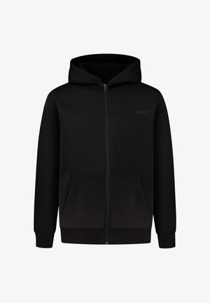 Zwarte zip-up hoodie met een ruime voorkantzak, brede manchetten en een capuchon met trekkoord. Textuurstof met een subtiele logo op de borst.