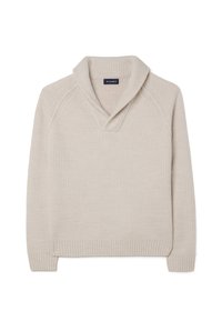 Beiger, gerippter Strickpullover mit Schalkragen, legerer Passform, langen Ärmeln und strukturierter Oberfläche. Markenlabel sichtbar.