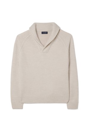 Jersey de punto acanalado beige con cuello tipo chal, de corte holgado, mangas largas y superficie texturizada. Etiqueta de marca visible.