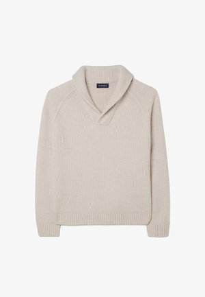Beige geribbelde gebreide trui met een sjaalkraag, voorzien van een losse pasvorm, lange mouwen en een textuurrijke oppervlakte. Merkenteken zichtbaar.