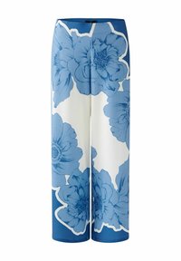 Weite Hosen mit einem blauen Blumenmuster auf weißem Hintergrund. Hergestellt aus glattem Stoff mit einem hochgeschnittenen Design und sauberen Kanten.