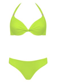 Neon zielony zestaw bikini z twistowanym, wyściełanym biustonoszem na regulowanych ramiączkach oraz dopasowanymi, niskoprzesuniętymi majtkami, wykonanymi z gładkiego materiału.