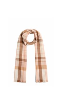 Sciarpa a quadri in tonalità di rosa e marrone, con una texture morbida, forma rettangolare e dettaglio di frange alle estremità.