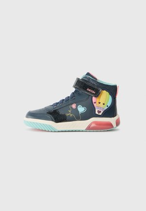 Mørkeblå høy-topp sneakers med glitrende detaljer, med fargerike tegninger av luftballonger, justerbar stropp og teksturert gummisåle.