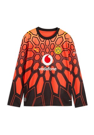 Langærmet orange og sort fodboldtrøje med geometrisk mønster med Borussia Dortmund-logo, Puma-logo og Vodafone-sponsor på fronten.