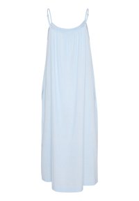 Vaaleansininen hihaton mekko, jossa on löysä malli, sivutaskut ja rypytetty kaula-aukko. Valmistettu kevyestä kankaasta.