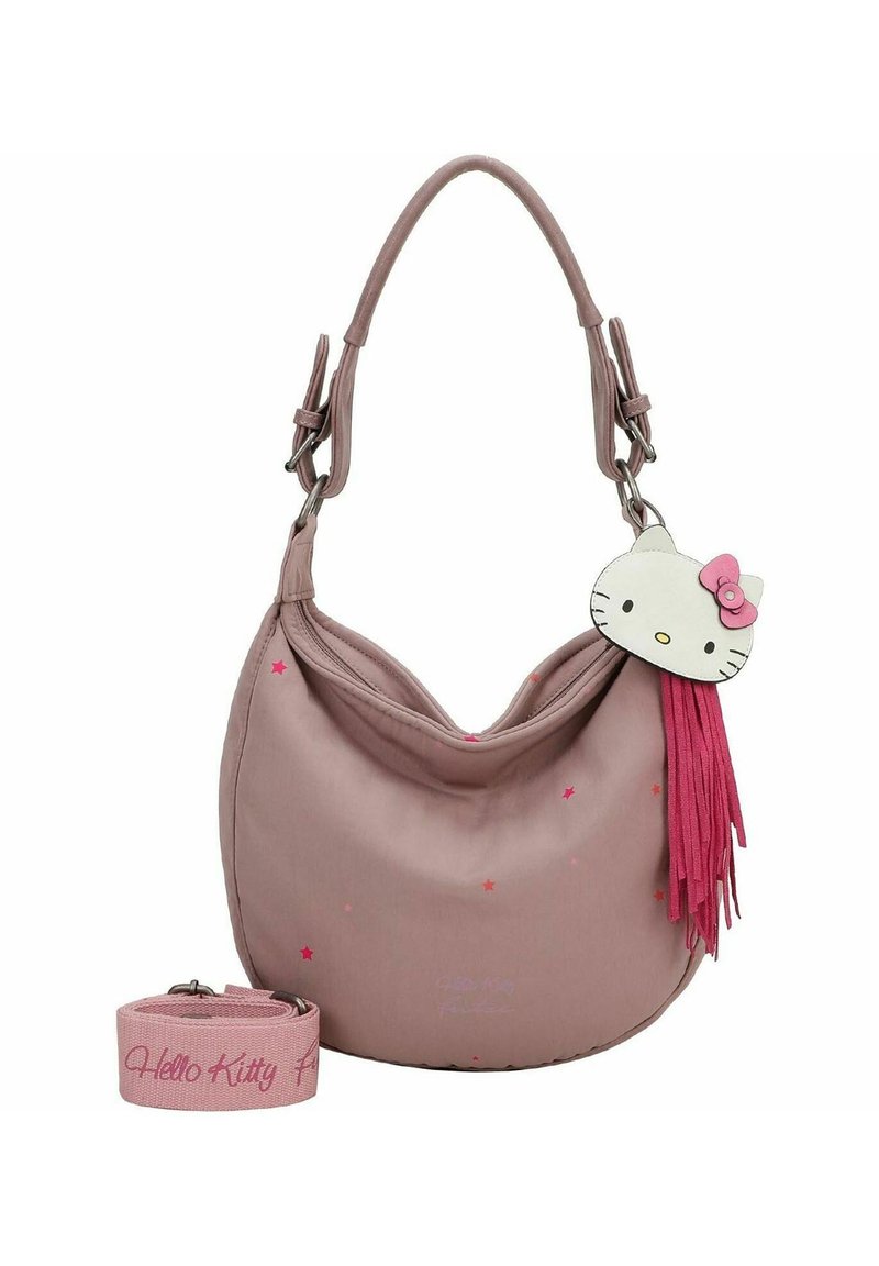 Rosa Handtasche aus Stoff mit einem seitlichen Hello Kitty Design, das eine Schleife und rosa Quasten zeigt. Beinhaltet einen passenden Trageriemen mit Branding.