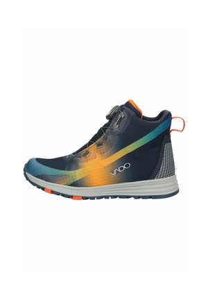 Navy high-top athletic shoe with rainbow gradient design, orange pull tab, white sole, and dial lacing system, branded VADO on side.