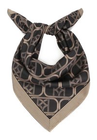 Fular de mătase neagră cu un design patterned în aur metalic, având o margine în dungi. Are formă triunghiulară cu capete legate pentru styling.