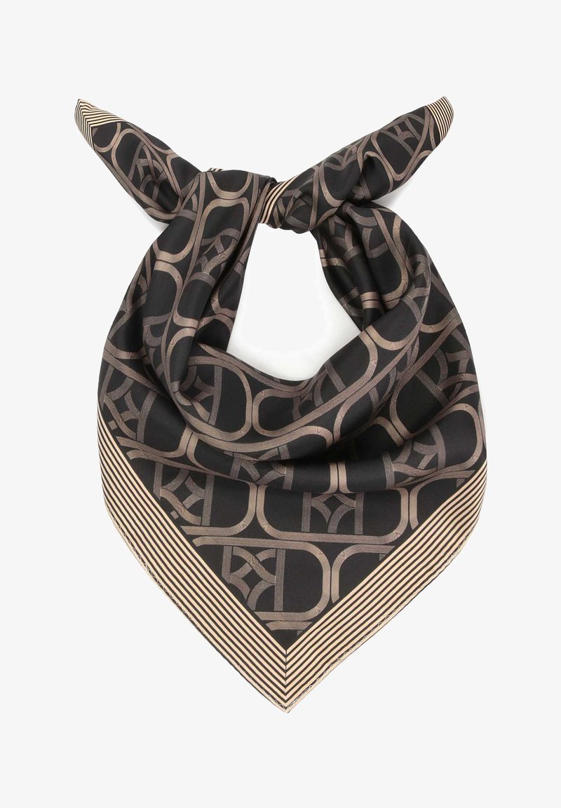 Czarny jedwabny szalik z wzorem w metalicznym złocie, z paskowanym brzegiem. Kształt trójkątny z związanymi końcami do stylizacji.