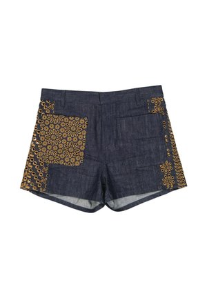 Short en jean avec deux poches avant, une simple et une avec broderie florale jaune et détails œillets sur les panneaux latéraux.
