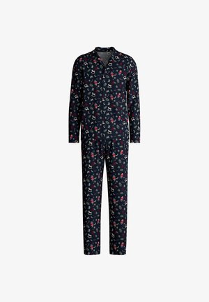 Ensemble de pyjama bleu marine avec un motif répété d'oiseaux et de motifs floraux en rouge et vert. Fabriqué en tissu doux, avec des manches longues et un pantalon.