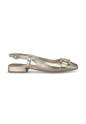 Ballerine slingback argento metallico con tacco basso a blocco, punta arrotondata e dettaglio a fiocco decorativo sul davanti. Texture liscia e lucida.