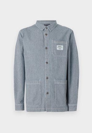 Striped blue work jacket with button front, two front pockets, and a patch pocket on the chest featuring a label. Cotton-blend material.