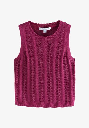 Bezrękawnik dzianinowy w kolorze burgundowym, charakteryzujący się prążkowaną teksturą i otwartym wzorem, z okrągłym dekoltem i subtelnym wykończeniem.
