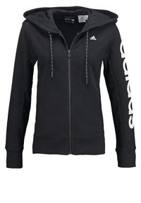 Haut de hoodie noir zippé avec capuche, comportant le texte "adidas" en blanc sur la manche gauche, des cordons de serrage et des poignets et ourlet côtelés.