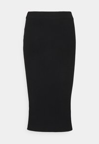 Černá pletená tužková sukně s žebrovanou strukturou, která má vysoký pas a obepnutý střih, navržená tak, aby končila pod kolenem.