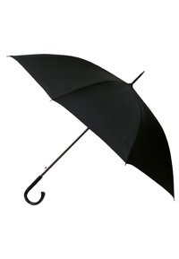 Zwarte parasol met een gebogen handvat, gemaakt van een gladde stoffen canopy, ondersteund door een metalen frame. Genereuze boogvorm voor betere bedekking.