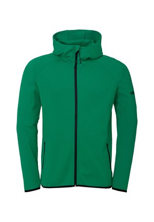 Grøn hættetrøje med lynlås og høj krave, lavet af blødt stof. Har sort lynlås og sidelommer, glat overflade og tætsiddende design.