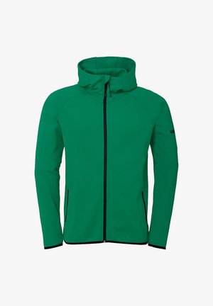 Grøn hættetrøje med lynlås og høj krave, lavet af blødt stof. Har sort lynlås og sidelommer, glat overflade og tætsiddende design.