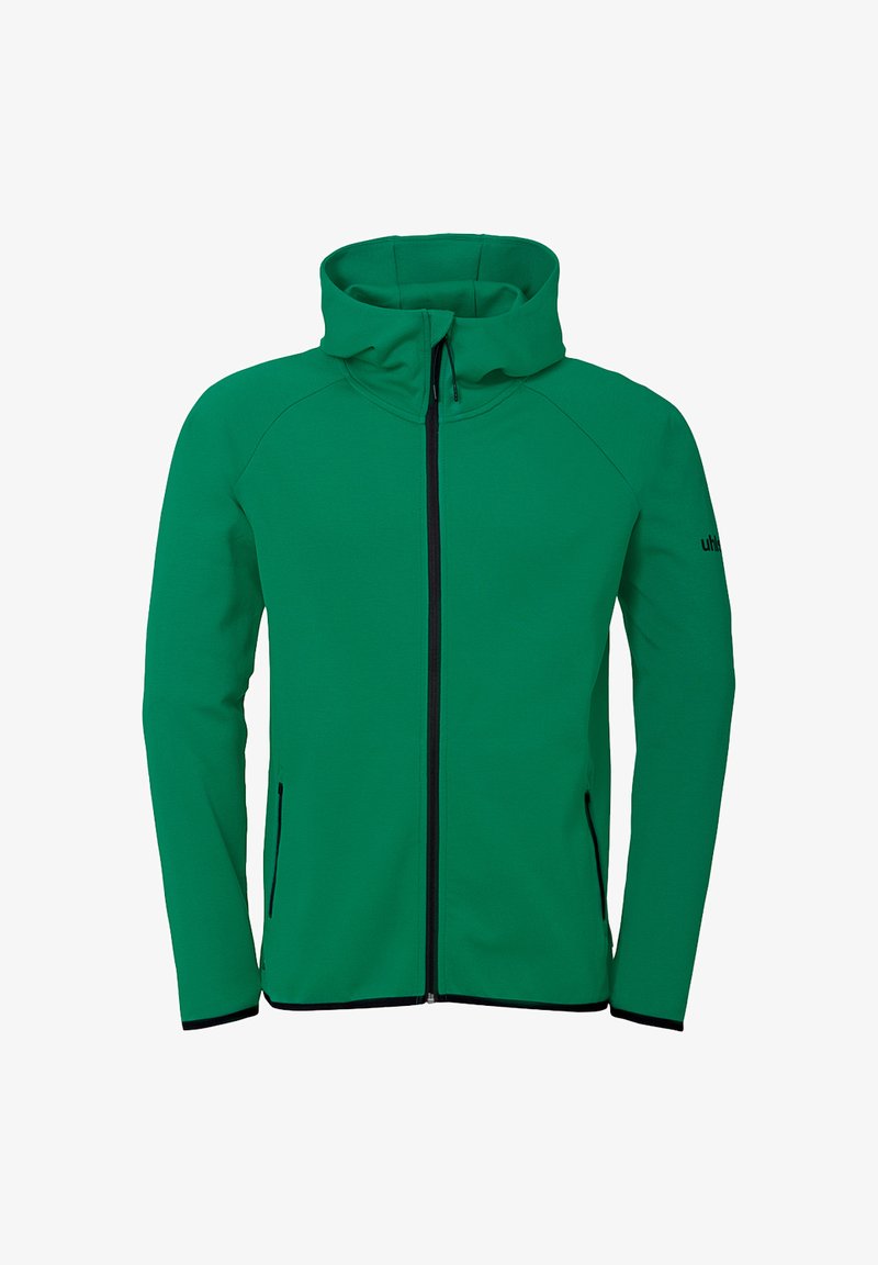 Grøn hættetrøje med lynlås og høj krave, lavet af blødt stof. Har sort lynlås og sidelommer, glat overflade og tætsiddende design.