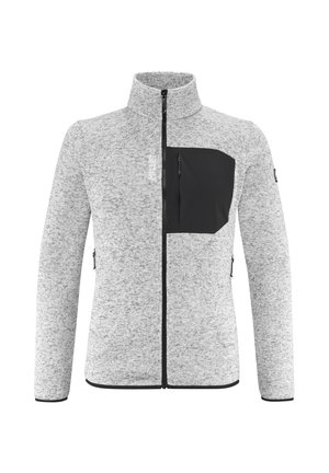 Gray fleece jacket with a high collar, black chest pocket, and zippers on both sides. Features a textured knit pattern and black accents.