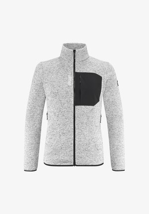 Gray fleece jacket with a high collar, black chest pocket, and zippers on both sides. Features a textured knit pattern and black accents.